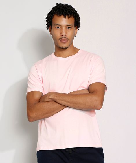 Camiseta Masculina Manga Curta Básica Gola Careca Rosa Claro