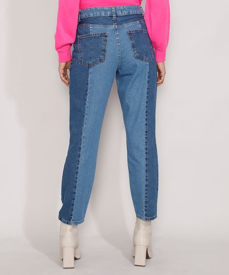Calça Jeans Feminina Mom Cintura Super Alta com Recortes Azul Médio