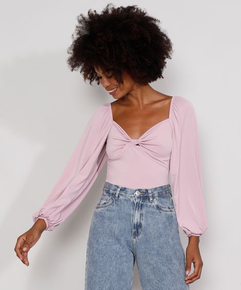 Blusa Feminina Mindset com Nó Manga Bufante Decote Coração Rosa Claro