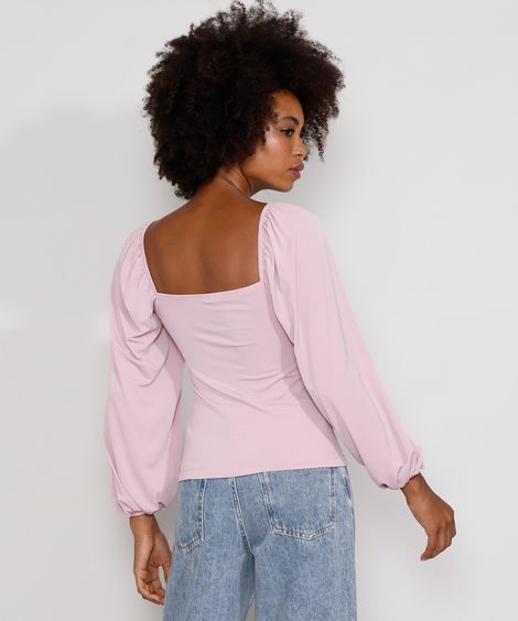Blusa Feminina Mindset com Nó Manga Bufante Decote Coração Rosa Claro