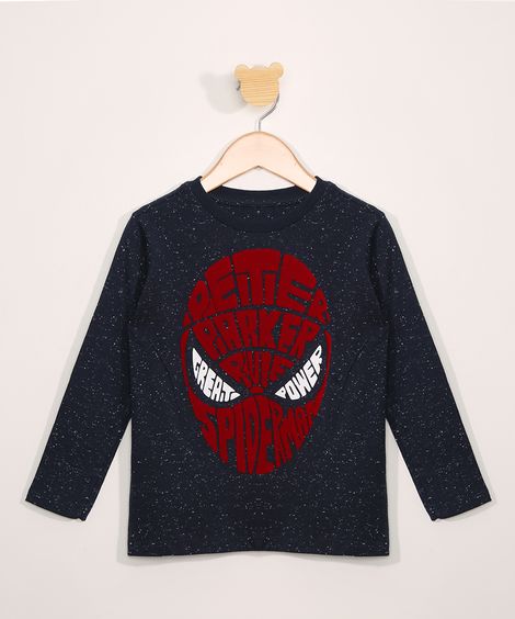 Camiseta Infantil Manga Longa Estampada Homem-Aranha Azul Marinho