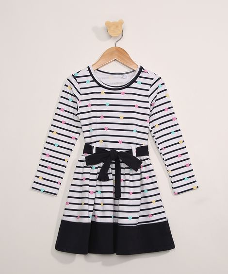 Vestido Infantil Manga Longa Listrado com Poá  Off White