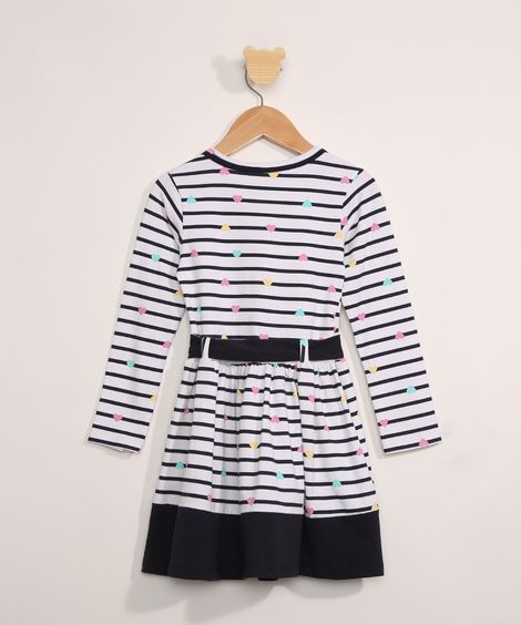 Vestido Infantil Manga Longa Listrado com Poá  Off White