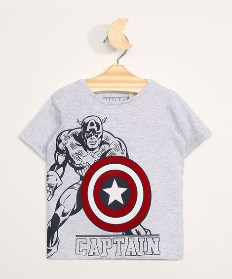 Camiseta Infantil Manga Curta Capitão América Flocada Cinza Mescla Claro