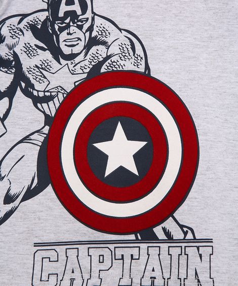 Camiseta Infantil Manga Curta Capitão América Flocada Cinza Mescla Claro
