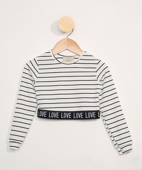 Blusa Infantil Cropped Listrada Manga Longa com Faixa Off White