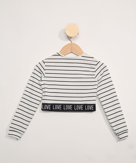 Blusa Infantil Cropped Listrada Manga Longa com Faixa Off White