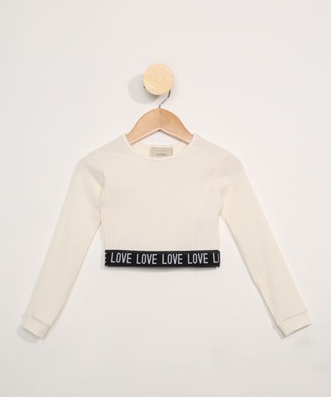 Blusa Infantil Cropped Manga Longa com Faixa Off White