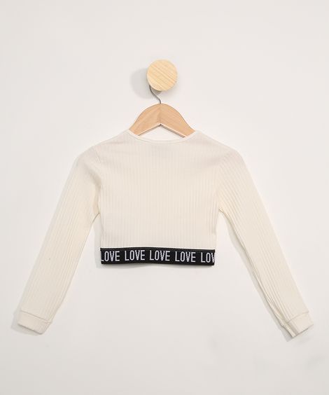Blusa Infantil Cropped Manga Longa com Faixa Off White