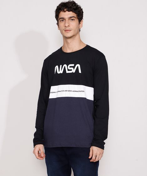 Camiseta Masculina Manga Longa NASA com Recortes Gola Careca Preta