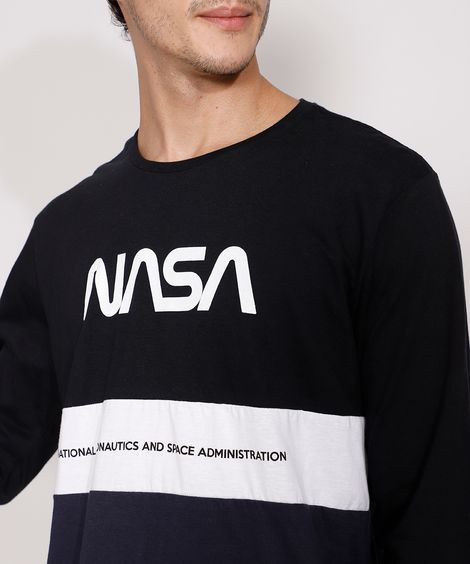 Camiseta Masculina Manga Longa NASA com Recortes Gola Careca Preta