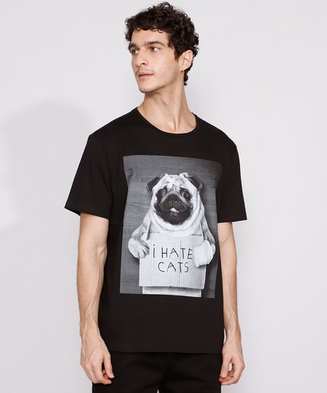 Camiseta Masculina Manga Curta Cachorro "I Hate Cats" Gola Careca Preta