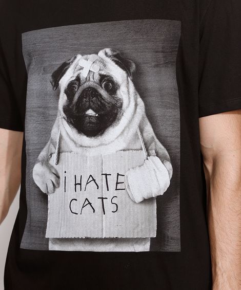 Camiseta Masculina Manga Curta Cachorro "I Hate Cats" Gola Careca Preta