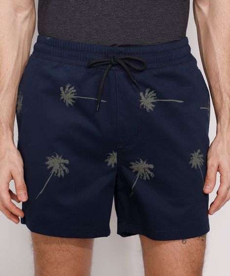 Short de Sarja Masculino Estampado de Coqueiros com Recorte e Bolsos Azul Marinho
