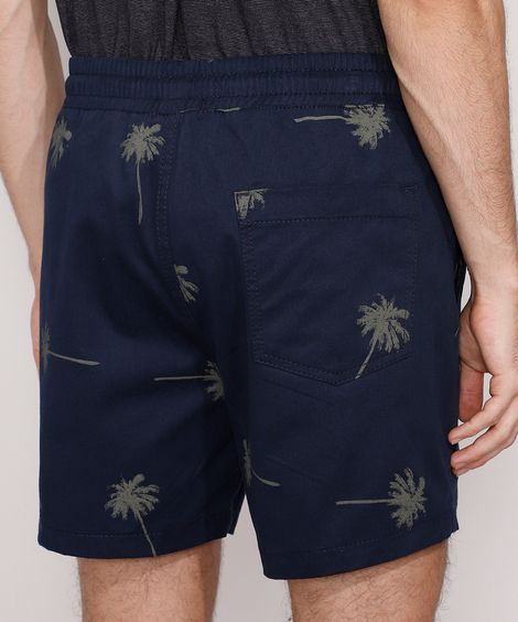 Short de Sarja Masculino Estampado de Coqueiros com Recorte e Bolsos Azul Marinho