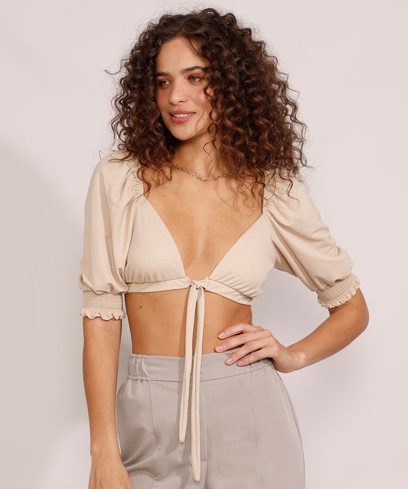 C&A Top Cropped Feminino Frente Única com Amarração e Babado Bege 