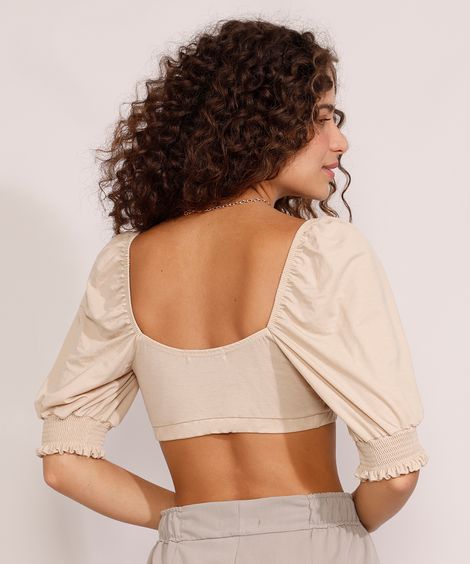 Blusa Feminina Manga Bufante Cropped com Amarração Decote V Bege