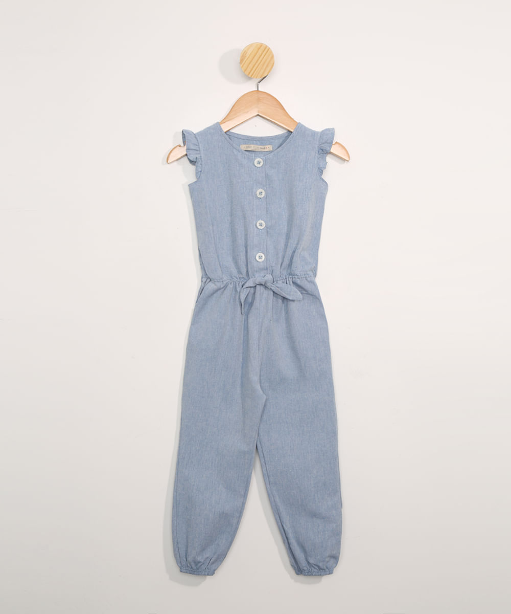 Macacão Jeans Infantil Sem Manga com Babados Azul Claro Menor preço em Macacão Jeans Infantil Sem Manga com Babados Azul Claro