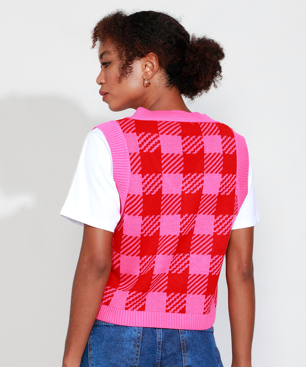Colete de Tricô Feminino Mindset Estampado Xadrez Vichy Decote V Rosa