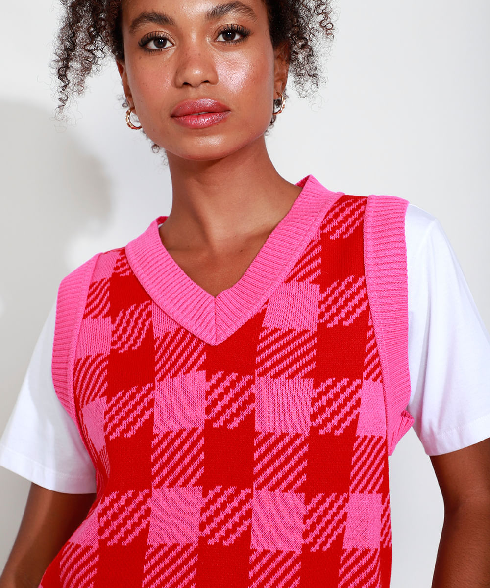 Colete de Tricô Feminino Mindset Estampado Xadrez Vichy Decote V Rosa