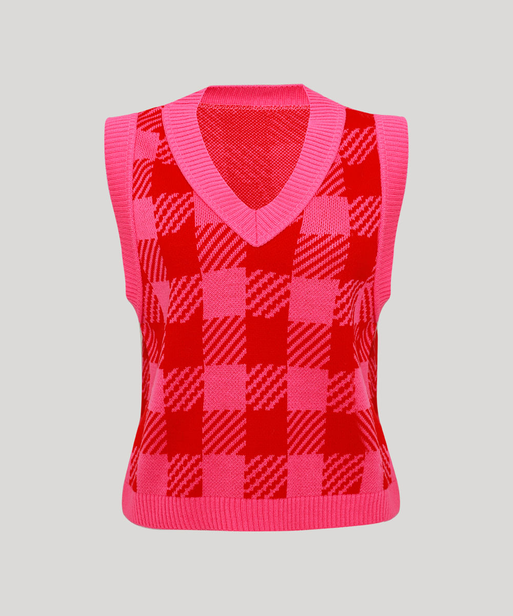 Colete de Tricô Feminino Mindset Estampado Xadrez Vichy Decote V Rosa