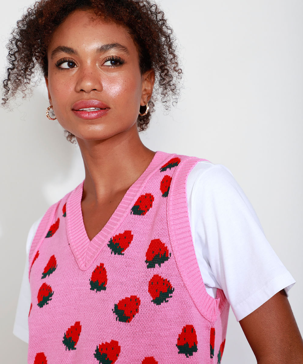Colete de Tricô Feminino Mindset Estampado de Morangos Decote V Rosa