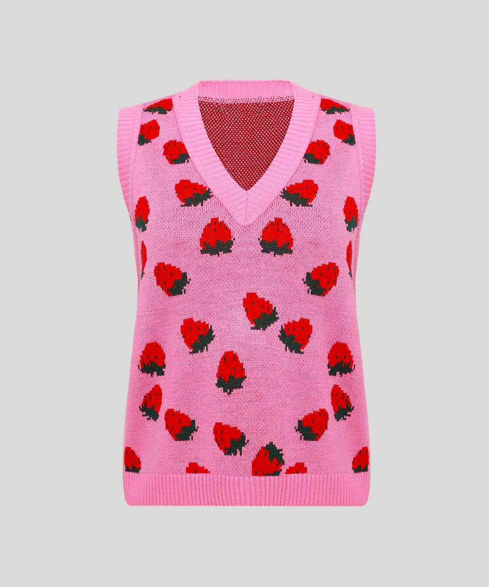 Colete de Tricô Feminino Mindset Estampado de Morangos Decote V Rosa