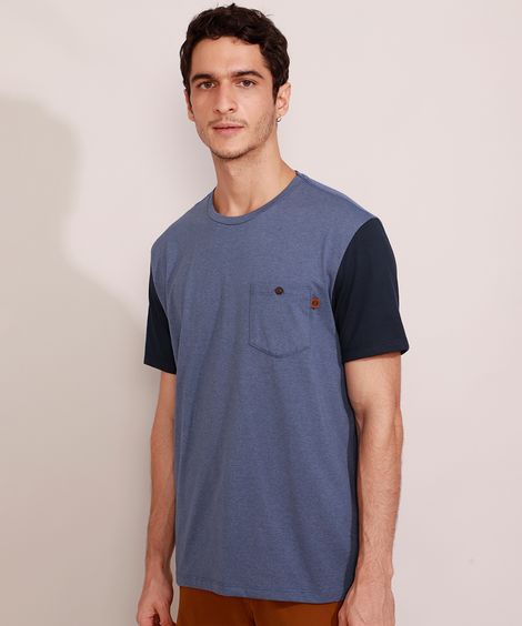 Camiseta Masculina Manga Curta com Bolso Gola Careca Azul Marinho