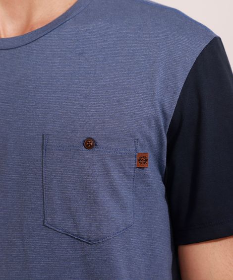 Camiseta Masculina Manga Curta com Bolso Gola Careca Azul Marinho