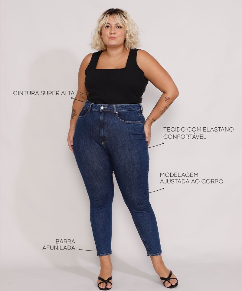 Calça Jeans Feminina Plus Size Mindset Skinny Modelo London Cintura Alta  Azul Escuro 