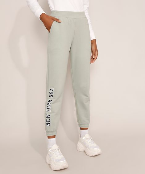Calça de Moletom Jogger Feminina Cintura Alta "New York" com Bolsos Verde