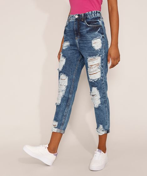 Calça Jeans Feminina Mom Cropped Cintura Super Alta Destroyed Marmorizada Azul Escuro