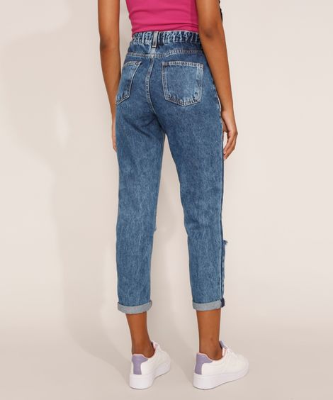 Calça Jeans Feminina Mom Cropped Cintura Super Alta Destroyed Marmorizada Azul Escuro