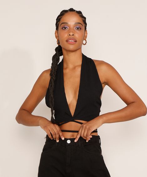 Top Cropped Feminino Frente Única Canelado com Amarração Preto