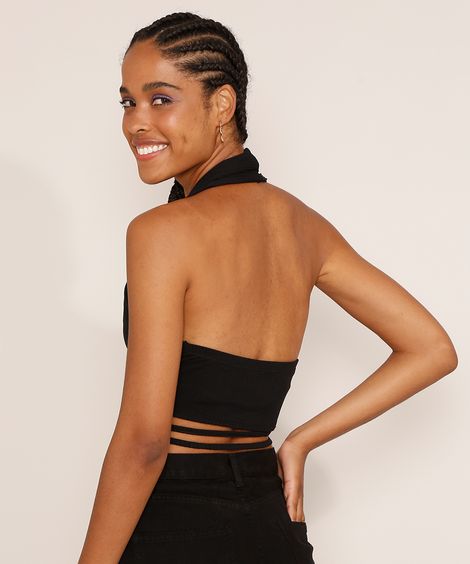 Top Cropped Feminino Frente Única Canelado com Amarração Preto