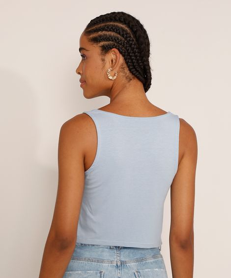 regata feminina básica cropped com nó decote redondo azul pastel