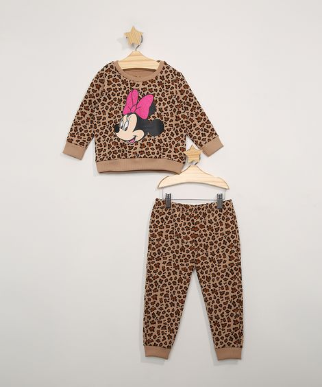 Conjunto de Moletom Infantil Blusa Estampada Animal Print de Onça Minnie + Calça Jogger Marrom