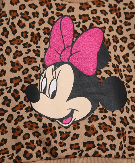 Conjunto de Moletom Infantil Blusa Estampada Animal Print de Onça Minnie + Calça Jogger Marrom
