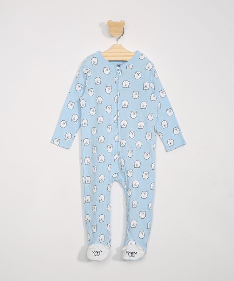 Macacão Infantil Manga Longa Estampado de Urso Polar  Azul Claro