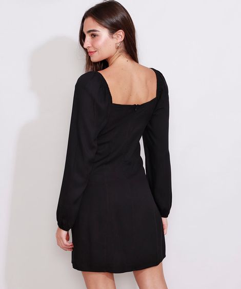 Vestido Feminino Curto com Franzido e Amarração Manga Bufante Preto