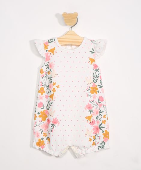 Macaquinho Infantil Texturizado Estampado de Poá com Babados Sem Manga Off White
