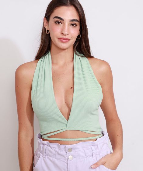 Top Cropped Feminino Frente Única Canelado com Amarração Verde Claro