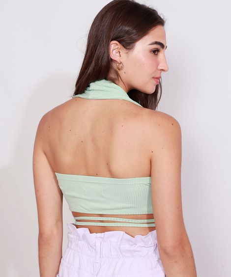 Top Cropped Feminino Frente Única Canelado com Amarração Verde Claro