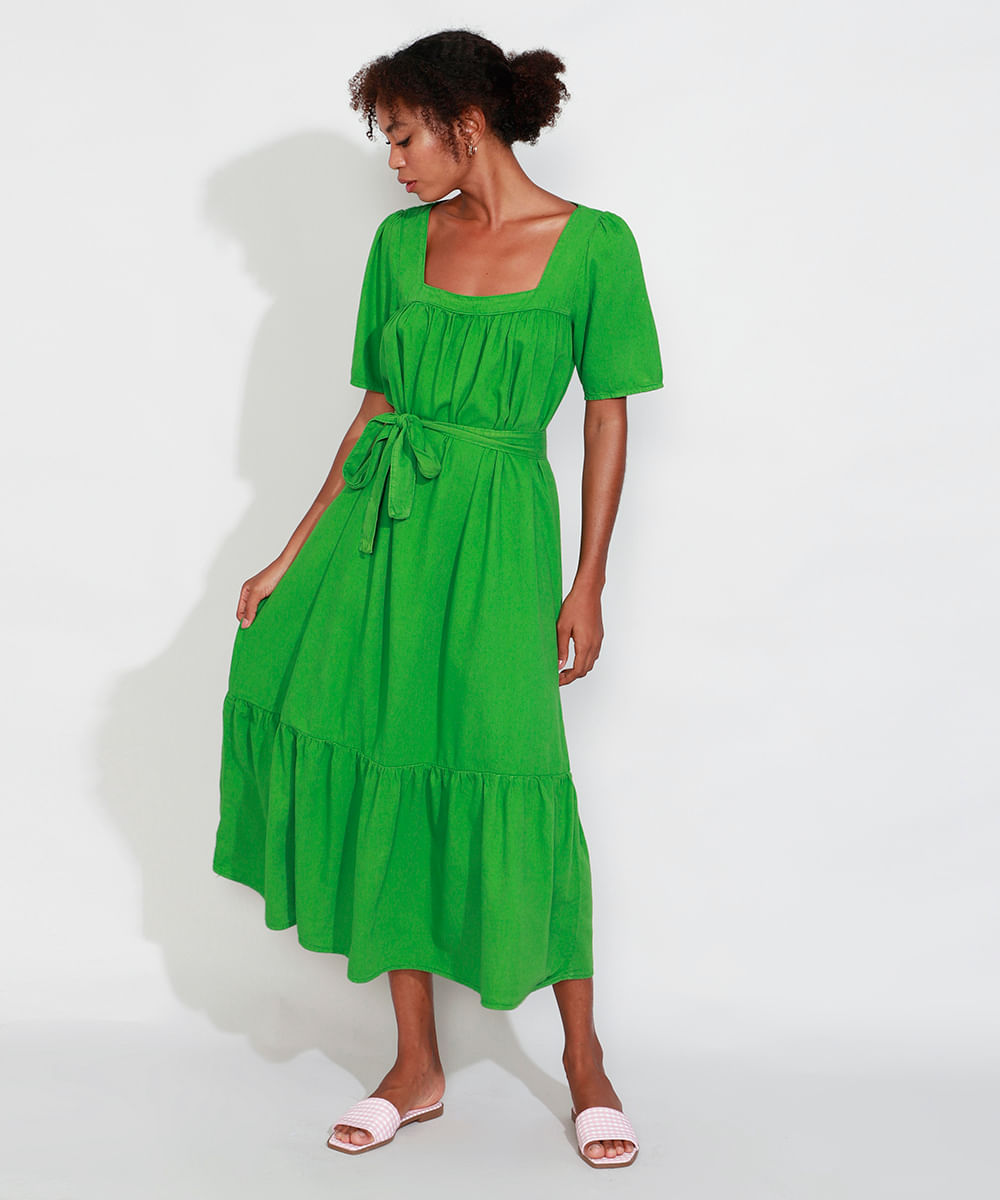 Vestido Feminino Mindset Midi com Recortes e Faixa para Amarrar Manga Curta Verde Menor preço em Vestido Feminino Mindset Midi com Recortes e Faixa para Amarrar Manga Curta Verde