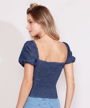 Blusa Jeans Feminina Manga Bufante Decote Reto Azul Médio