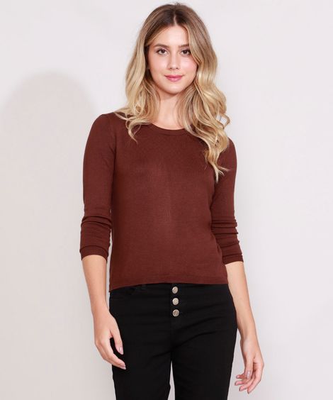 suéter de tricot manga longa básico marrom