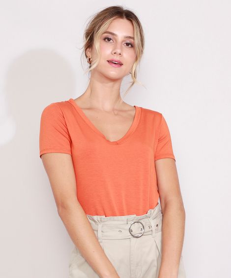 Camiseta Feminina Básica Manga Curta Decote V Laranja