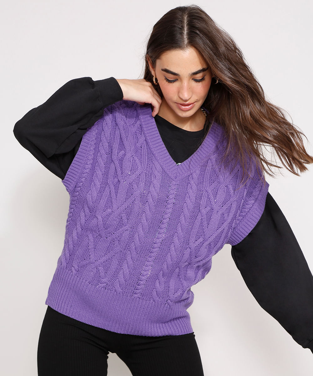 Colete Amplo de Tricô Texturizado Trança Decote V Roxo