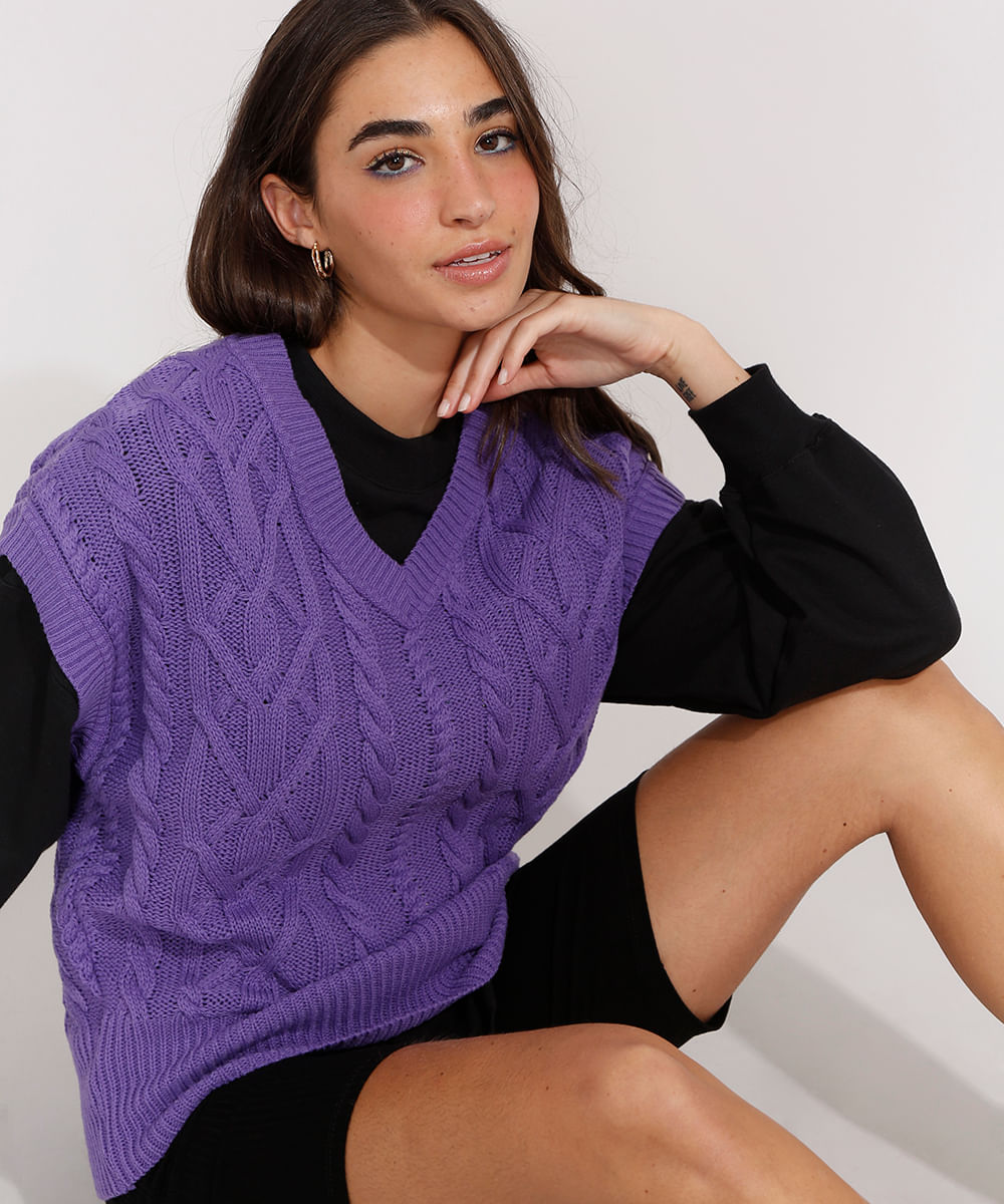 Colete Amplo de Tricô Texturizado Trança Decote V Roxo