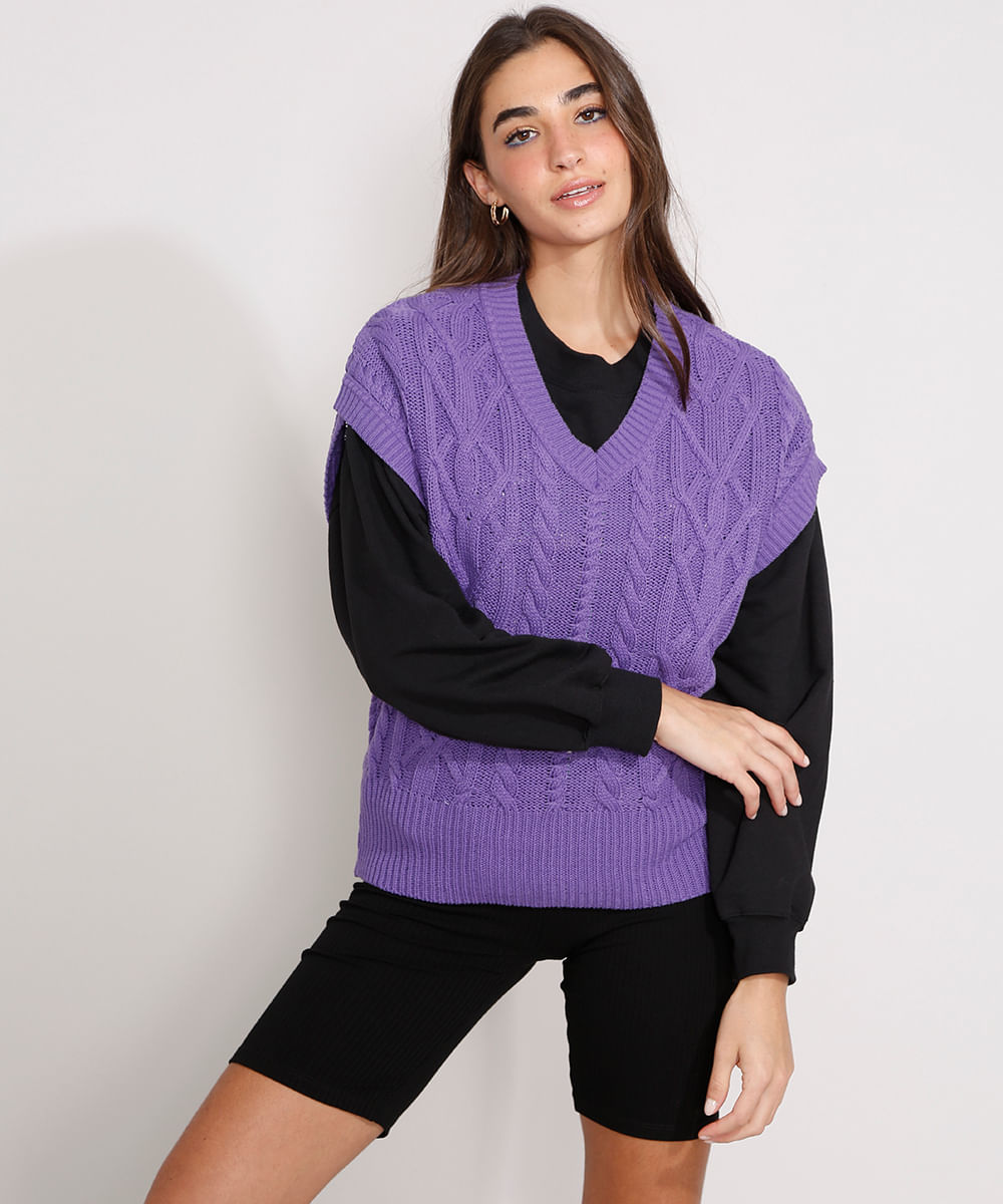 Colete Amplo de Tricô Texturizado Trança Decote V Roxo
